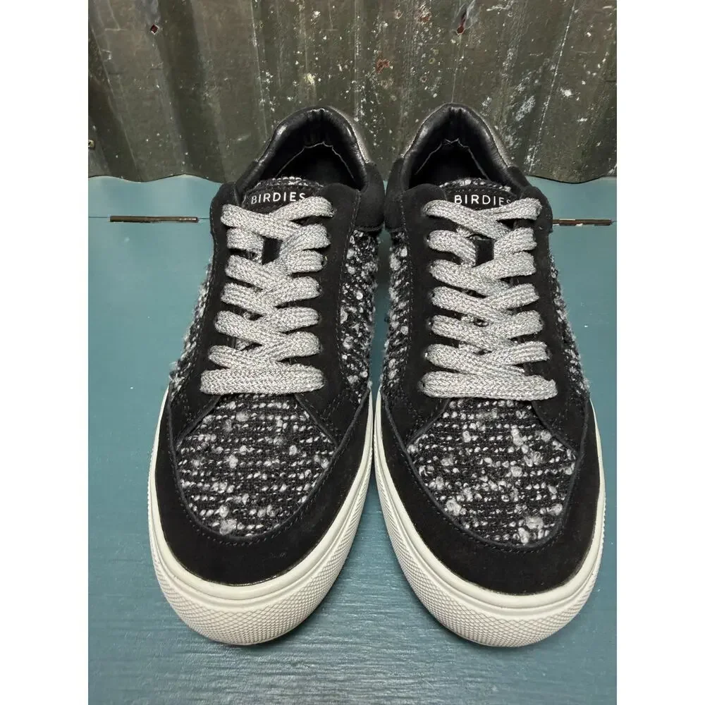 Birdies The Cardinal Orbit Boucle Tweed Sneakers Suede Trim Black Silver Size 7